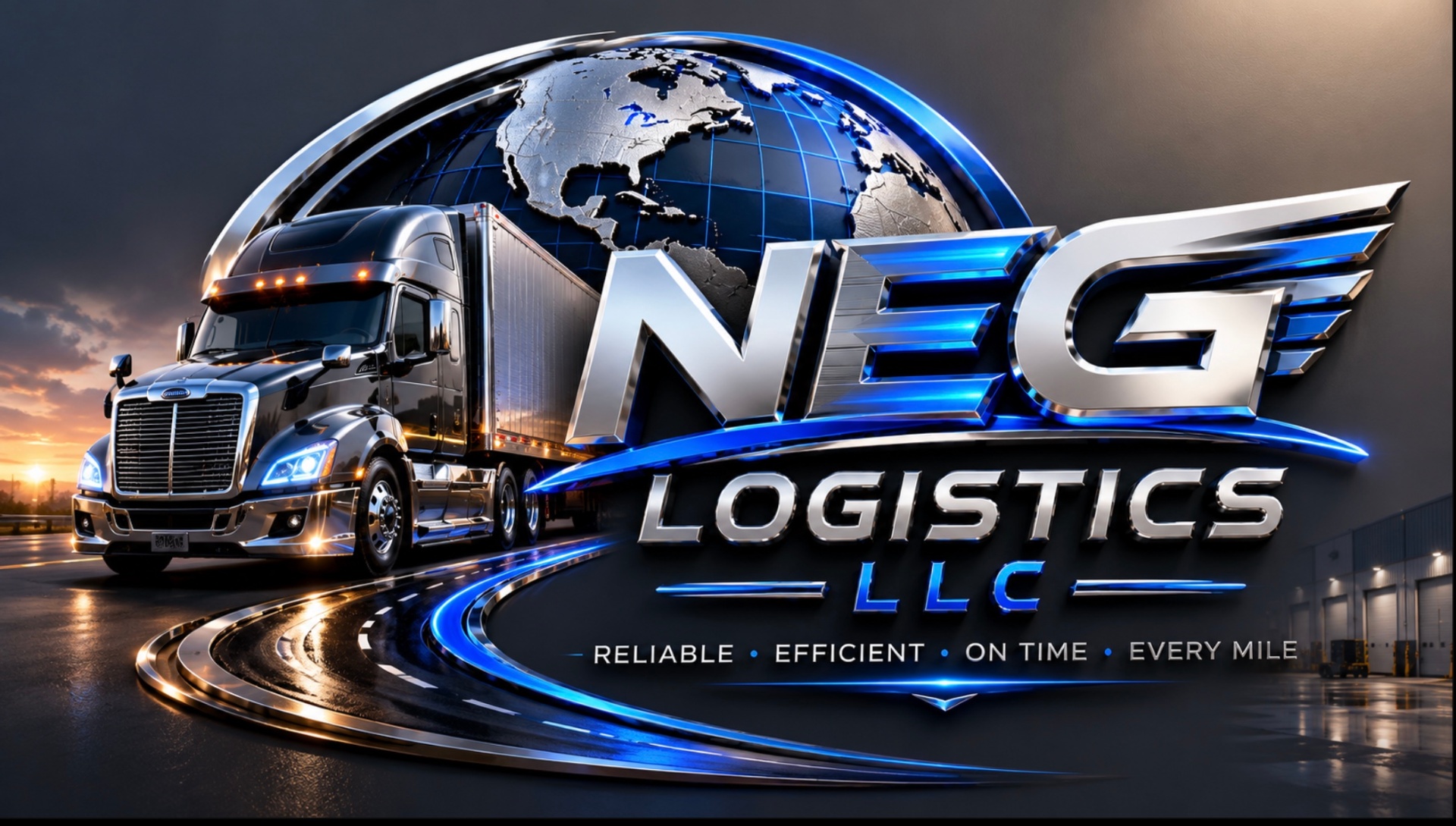 NEG Logistics LLC — chrome wing logo with semi truck